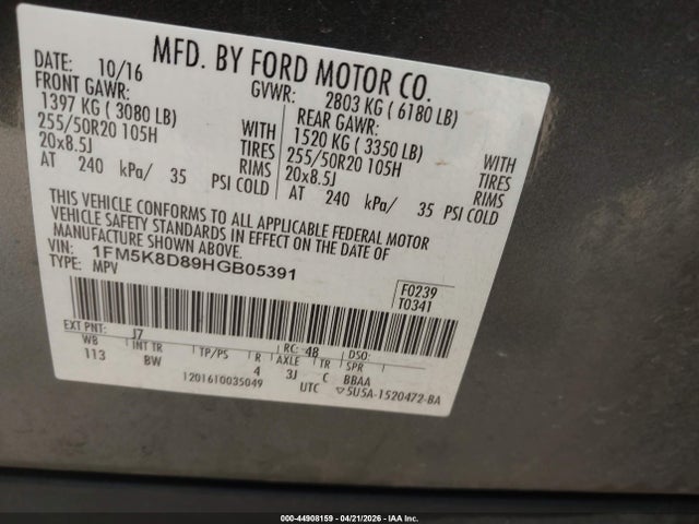 Продажа на аукционе авто 2017 Ford Explorer Xlt, vin: 1FM5K8D89HGB05391, номер лота: 44908159