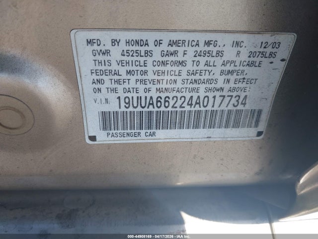 44908169 :رقم المزاد ، 19UUA66224A017734 vin ، 2004 Acura Tl مزاد بيع