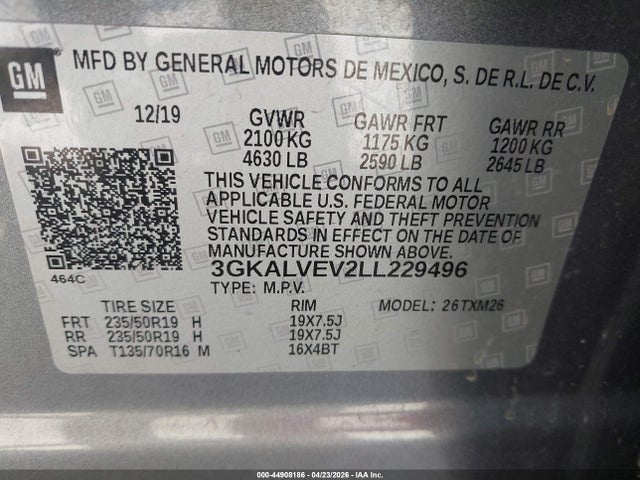 Aukcja sprzedaży 2020 Gmc Terrain Awd Slt, vin: 3GKALVEV2LL229496, numer aukcji: 44908186