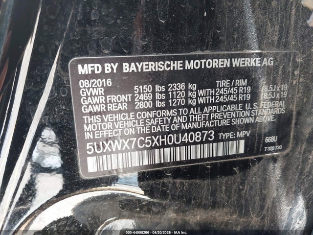 Aukcja sprzedaży 2017 Bmw X3 Xdrive35i, vin: 5UXWX7C5XH0U40873, numer aukcji: 44908206