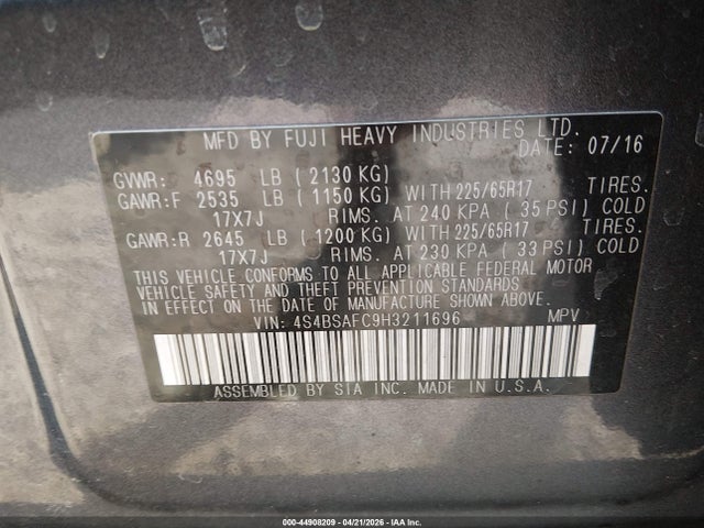 44908209 :رقم المزاد ، 4S4BSAFC9H3211696 vin ، 2017 Subaru Outback 2.5i Premium مزاد بيع