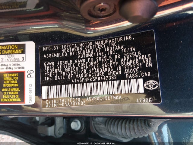 2015 Toyota Camry Le მანქანა იყიდება აუქციონზე, vin: 4T4BF1FK5FR447383, აუქციონის ნომერი: 44908210