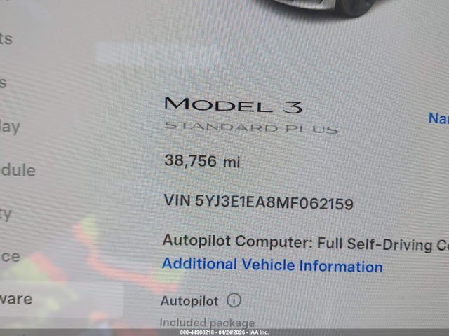 44908218 :رقم المزاد ، 5YJ3E1EA8MF062159 vin ، 2021 Tesla Model 3 Standard Range Plus Rear-wheel Drive مزاد بيع
