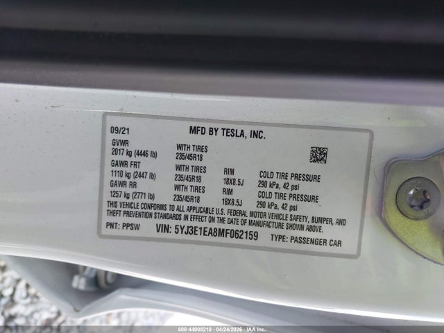 44908218 :رقم المزاد ، 5YJ3E1EA8MF062159 vin ، 2021 Tesla Model 3 Standard Range Plus Rear-wheel Drive مزاد بيع