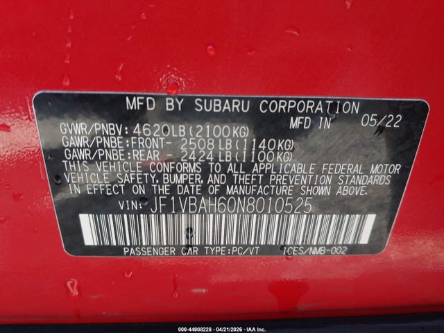 Продажа на аукционе авто 2022 Subaru Wrx Premium, vin: JF1VBAH60N8010525, номер лота: 44908228