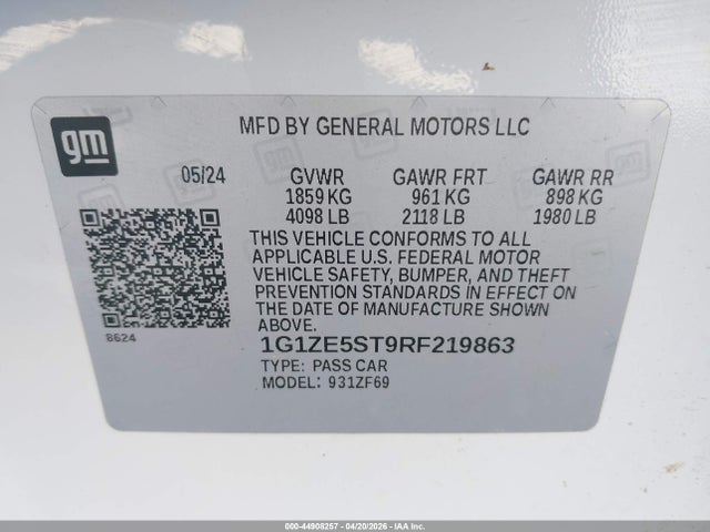 2024 Chevrolet Malibu Fwd 2lt მანქანა იყიდება აუქციონზე, vin: 1G1ZE5ST9RF219863, აუქციონის ნომერი: 44908257