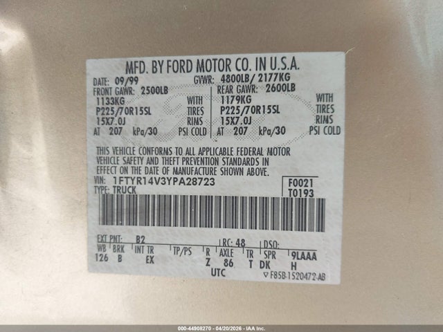 Aukcja sprzedaży 2000 Ford Ranger Xl/xlt, vin: 1FTYR14V3YPA28723, numer aukcji: 44908270
