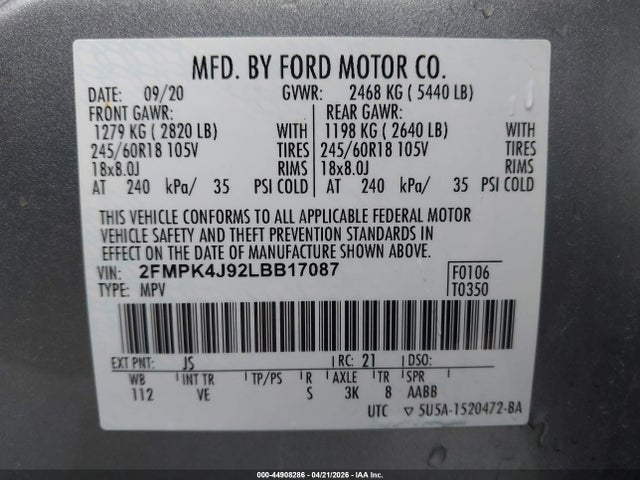 2FMPK4J92LBB17087 Ford EDGE SEL