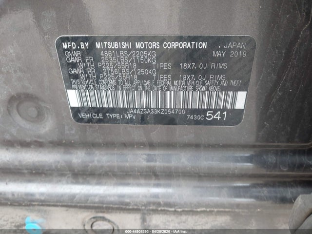 2019 Mitsubishi Outlander Se მანქანა იყიდება აუქციონზე, vin: JA4AZ3A33KZ054700, აუქციონის ნომერი: 44908293