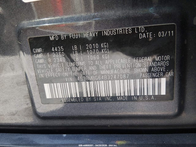 Продаж на аукціоні авто 2011 Subaru Legacy 2.5i Premium, vin: 4S3BMBG64B3247087, номер лоту: 44908301