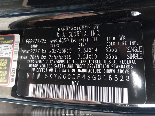 2025 Kia Sportage X-line მანქანა იყიდება აუქციონზე, vin: 5XYK6CDF4SG316523, აუქციონის ნომერი: 44908305