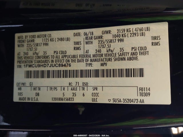 44908307 :رقم المزاد ، 1FMCU9HD7JUC89476 vin ، 2018 Ford Escape Sel مزاد بيع