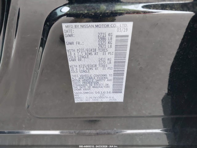 2019 Infiniti Qx60 Luxe მანქანა იყიდება აუქციონზე, vin: 5N1DL0MM5KC561636, აუქციონის ნომერი: 44908310