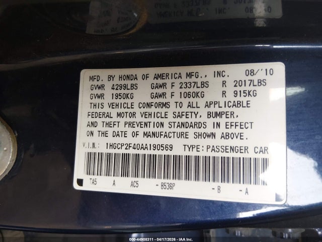 Продажа на аукционе авто 2010 Honda Accord 2.4 Lx-p, vin: 1HGCP2F40AA190569, номер лота: 44908311