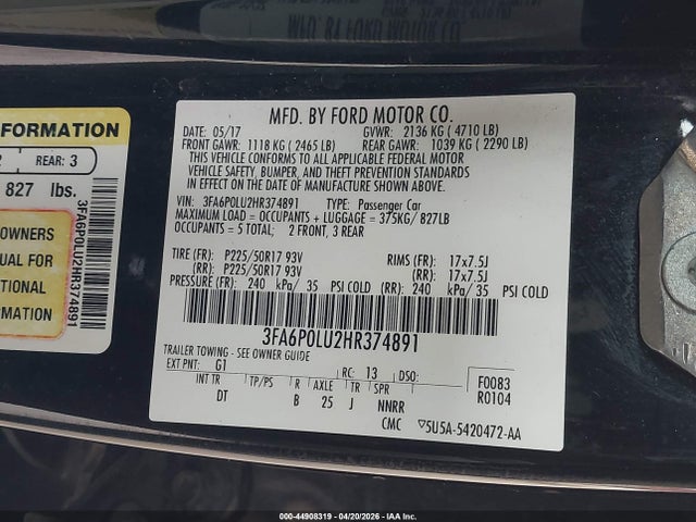 3FA6P0LU2HR374891 Ford Fusion Hybrid Se