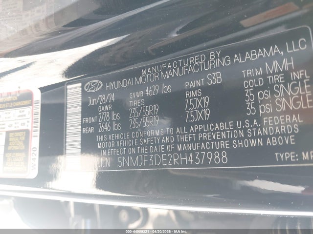 Aukcja sprzedaży 2024 Hyundai Tucson Sel, vin: 5NMJF3DE2RH437988, numer aukcji: 44908321