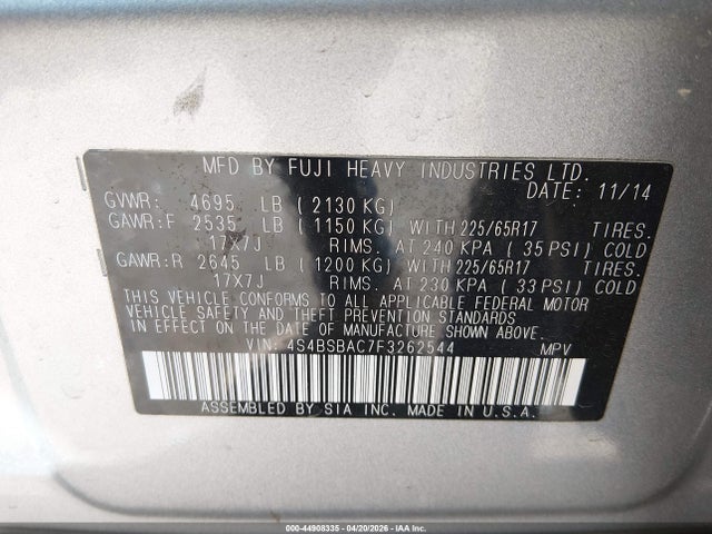 Продаж на аукціоні авто 2015 Subaru Outback 2.5i, vin: 4S4BSBAC7F3262544, номер лоту: 44908335