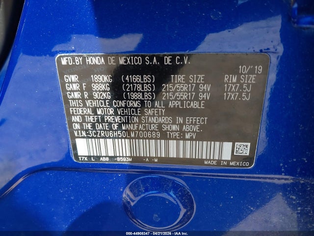 Aukcja sprzedaży 2020 Honda Hr-v Awd Ex, vin: 3CZRU6H50LM700689, numer aukcji: 44908347
