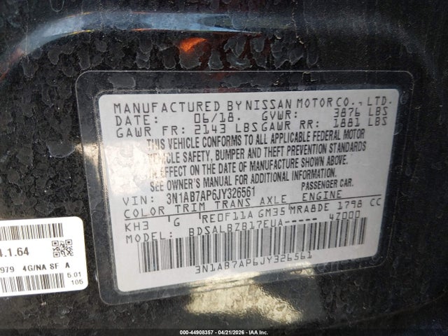Aukcja sprzedaży 2018 Nissan Sentra S, vin: 3N1AB7AP6JY326561, numer aukcji: 44908357