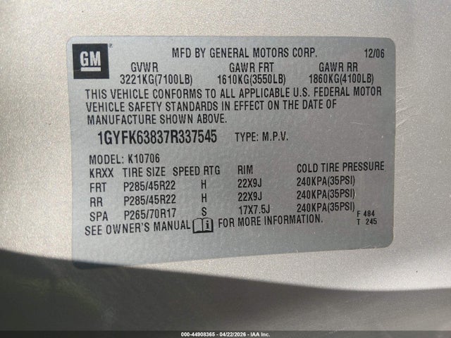 Aukcja sprzedaży 2007 Cadillac Escalade Standard, vin: 1GYFK63837R337545, numer aukcji: 44908365