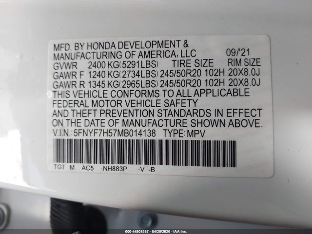 44908367 :رقم المزاد ، 5FNYF7H57MB014138 vin ، 2021 Honda Passport 2wd Ex-l مزاد بيع