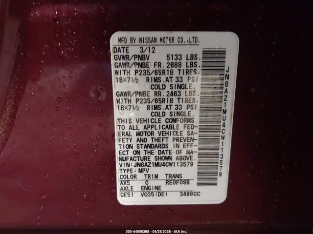 44908368 :رقم المزاد ، JN8AZ1MU4CW113579 vin ، 2012 Nissan Murano Sv مزاد بيع