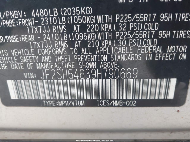 2009 Subaru Forester 2.5x Limited მანქანა იყიდება აუქციონზე, vin: JF2SH64639H790669, აუქციონის ნომერი: 44908370