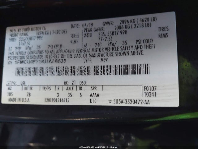 Продаж на аукціоні авто 2019 Ford Escape S, vin: 1FMCU0F71KUA88635, номер лоту: 44908372