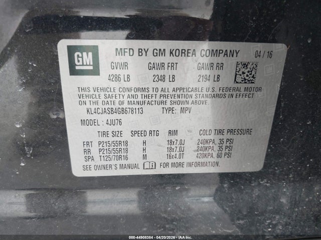 Aukcja sprzedaży 2016 Buick Encore, vin: KL4CJASB4GB678113, numer aukcji: 44908384
