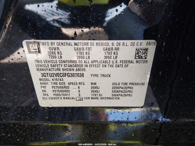 44908391 :رقم المزاد ، 3GTU2VEC8FG387638 vin ، 2015 Gmc Sierra 1500 Slt مزاد بيع