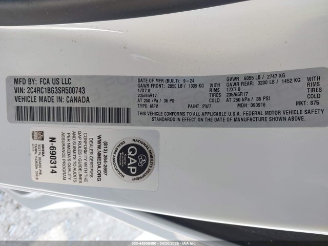 Aukcja sprzedaży 2025 Chrysler Pacifica Select, vin: 2C4RC1BG3SR500743, numer aukcji: 44908400