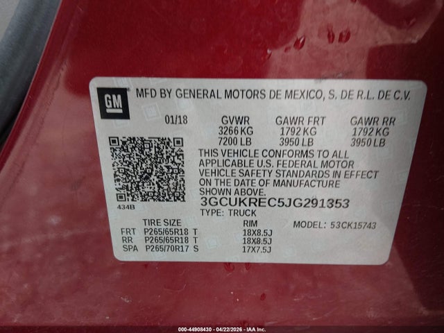 Продаж на аукціоні авто 2018 Chevrolet Silverado 1500 2lt, vin: 3GCUKREC5JG291353, номер лоту: 44908430