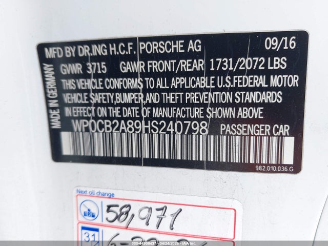 Продаж на аукціоні авто 2017 Porsche 718 Boxster S, vin: WP0CB2A89HS240798, номер лоту: 44908437