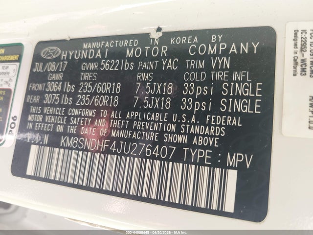 Aukcja sprzedaży 2018 Hyundai Santa Fe Se, vin: KM8SNDHF4JU276407, numer aukcji: 44908449