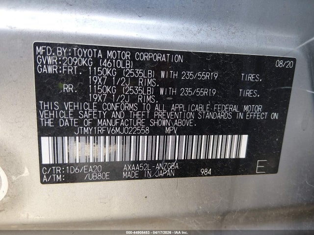 Продаж на аукціоні авто 2021 Toyota Rav4 Limited, vin: JTMY1RFV6MJ022558, номер лоту: 44908453