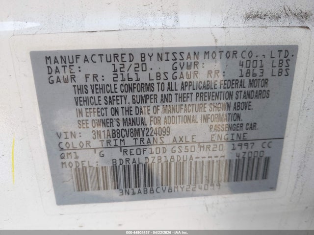 2021 Nissan Sentra Sv Xtronic Cvt მანქანა იყიდება აუქციონზე, vin: 3N1AB8CV8MY224099, აუქციონის ნომერი: 44908457