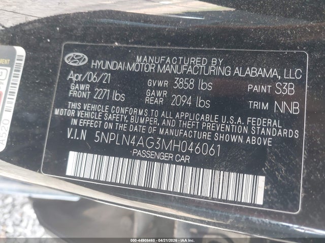 Aukcja sprzedaży 2021 Hyundai Elantra Sel, vin: 5NPLN4AG3MH046061, numer aukcji: 44908460