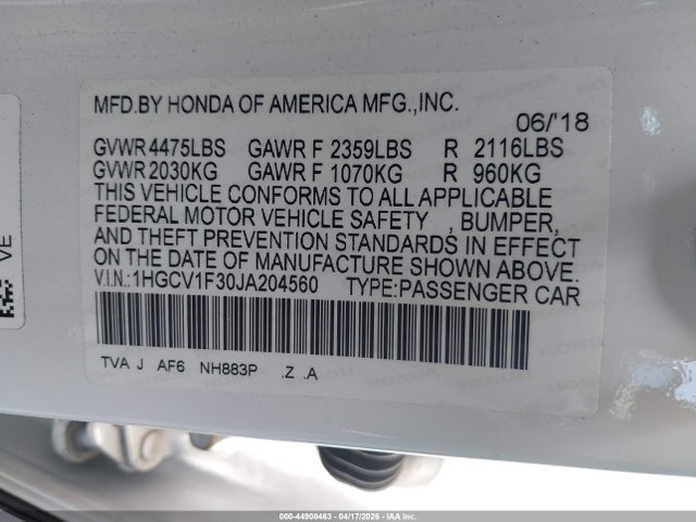 Продаж на аукціоні авто 2018 Honda Accord Sport, vin: 1HGCV1F30JA204560, номер лоту: 44908463