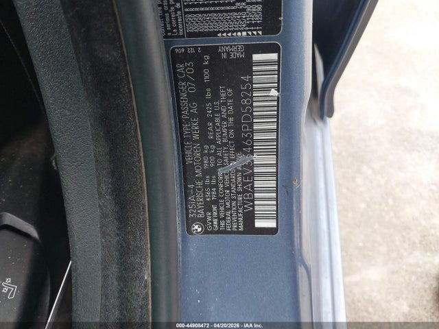 2003 Bmw 325i მანქანა იყიდება აუქციონზე, vin: WBAEV33463PD58254, აუქციონის ნომერი: 44908472