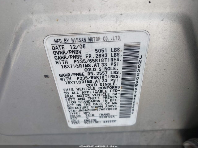Aukcja sprzedaży 2007 Nissan Murano S, vin: JN8AZ08W67W628689, numer aukcji: 44908473
