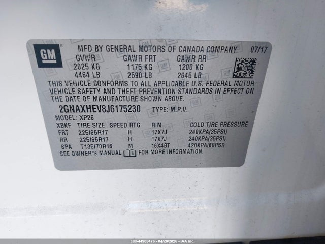 Продаж на аукціоні авто 2018 Chevrolet Equinox Ls, vin: 2GNAXHEV8J6175230, номер лоту: 44908476