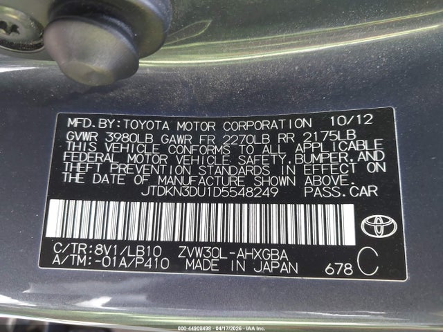 Продаж на аукціоні авто 2013 Toyota Prius Four, vin: JTDKN3DU1D5548249, номер лоту: 44908498