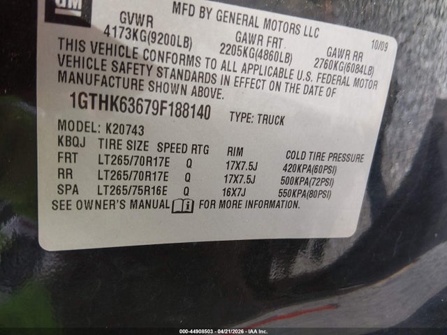 Aukcja sprzedaży 2009 Gmc Sierra 2500hd Slt, vin: 1GTHK63679F188140, numer aukcji: 44908503