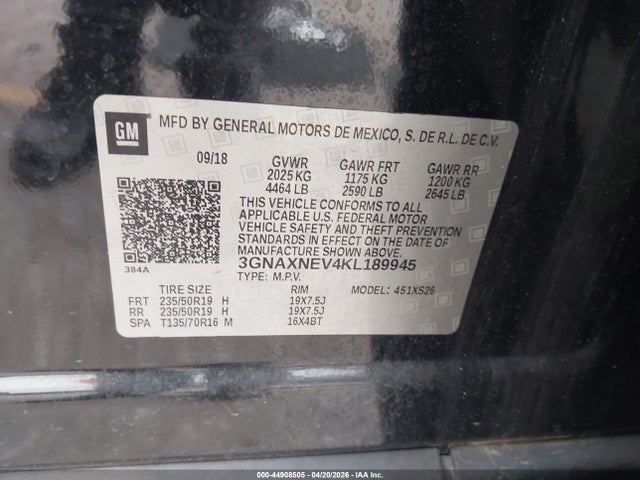 Aukcja sprzedaży 2019 Chevrolet Equinox Premier, vin: 3GNAXNEV4KL189945, numer aukcji: 44908505