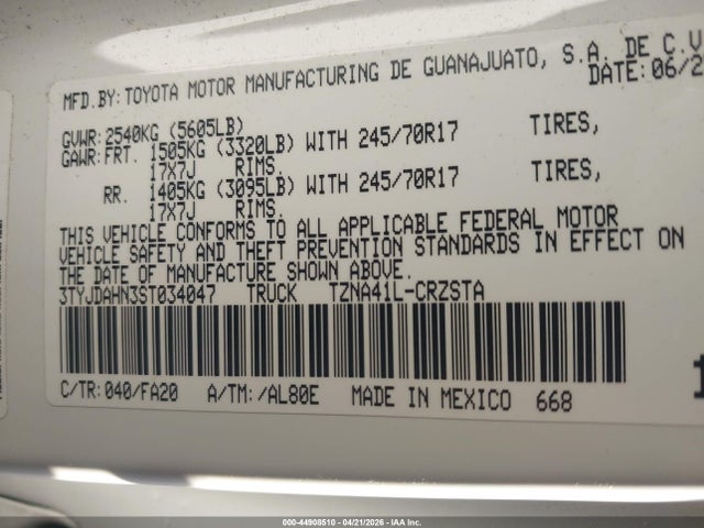 Продаж на аукціоні авто 2025 Toyota Tacoma Sr, vin: 3TYJDAHN3ST034047, номер лоту: 44908510