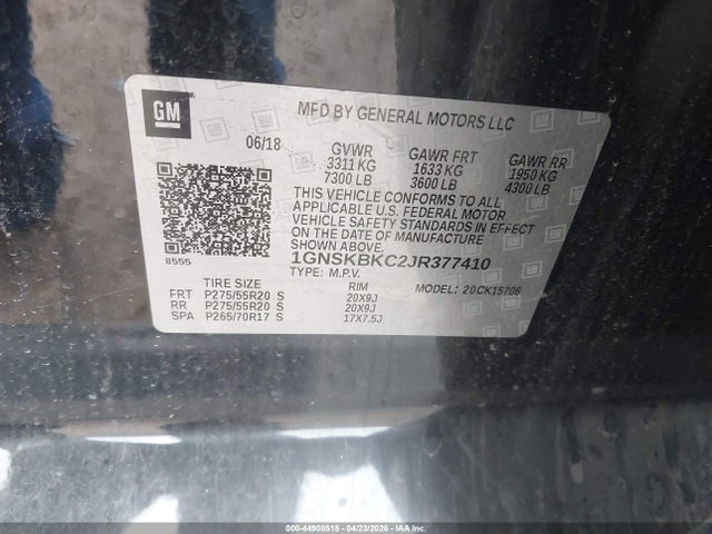 2018 Chevrolet Tahoe Lt მანქანა იყიდება აუქციონზე, vin: 1GNSKBKC2JR377410, აუქციონის ნომერი: 44908515