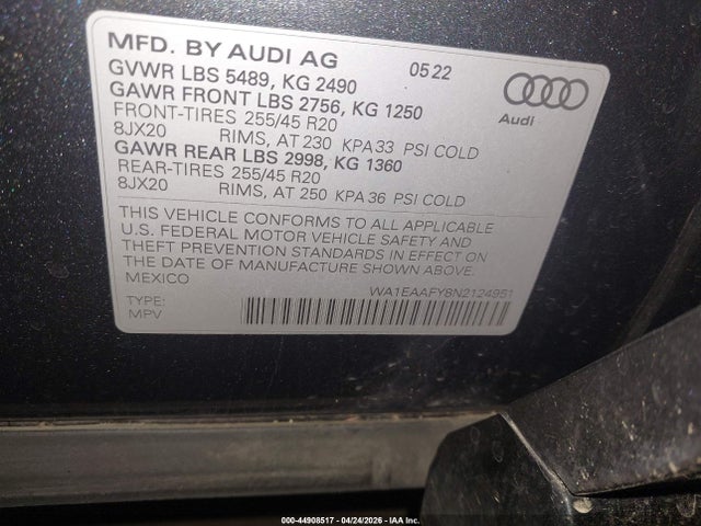 Aukcja sprzedaży 2022 Audi Q5 Premium Plus 45 Tfsi S Line Quattro S Tronic, vin: WA1EAAFY8N2124951, numer aukcji: 44908517