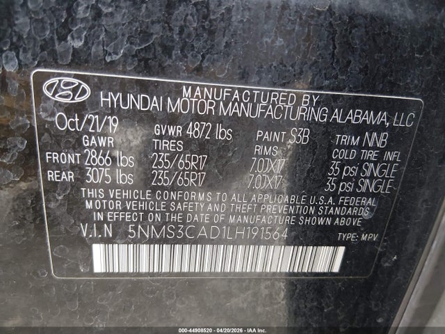 5NMS3CAD1LH191564 Hyundai Santa Fe Sel