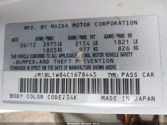 44908524 :رقم المزاد ، JM1BL1W84C1678445 vin ، 2012 Mazda Mazda3 I Grand Touring مزاد بيع