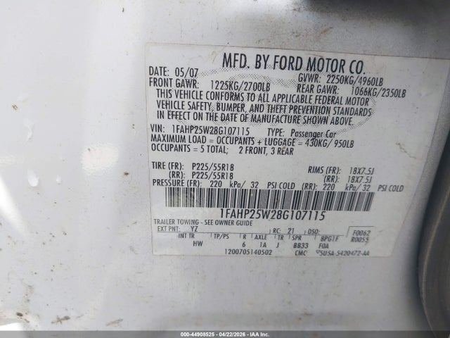 Продажа на аукционе авто 2008 Ford Taurus Limited, vin: 1FAHP25W28G107115, номер лота: 44908525